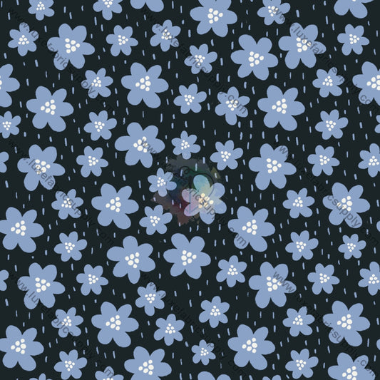Blue Flowers Black Background Fabric Fabrics