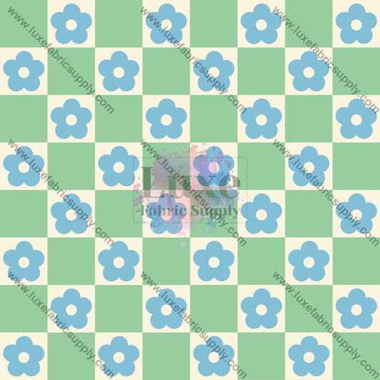 Blue Green Flower Checkers Fabric