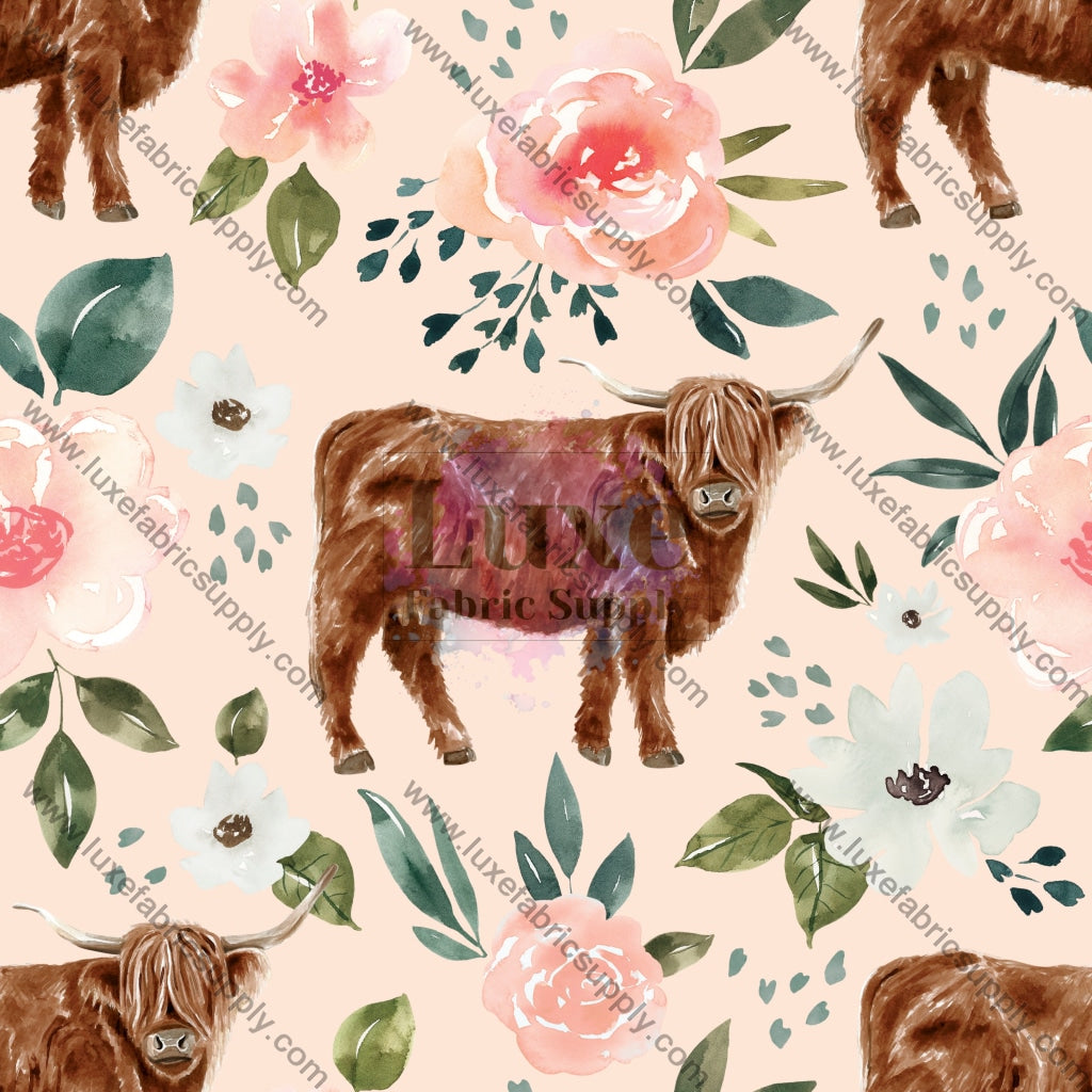 Blush Pink Vintage Spring Highland Cow Floral - Fabric