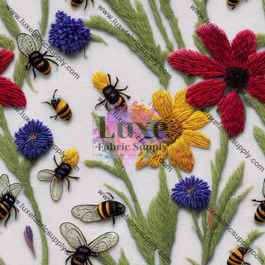 Embroidery Flowers And Bees - Fabric Fabrics