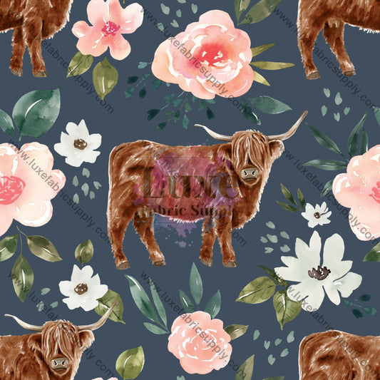 Periwinkle Blue Vintage Spring Highland Cow Floral - Fabric
