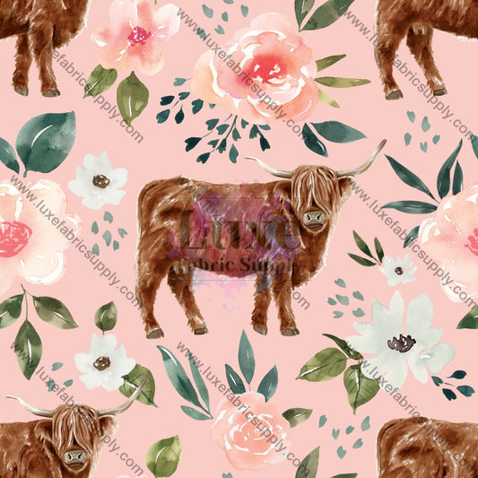 Pink Vintage Spring Highland Cow Floral - Fabric