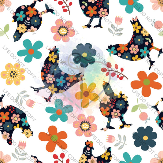 Wd00051 - Floral Chickens_White